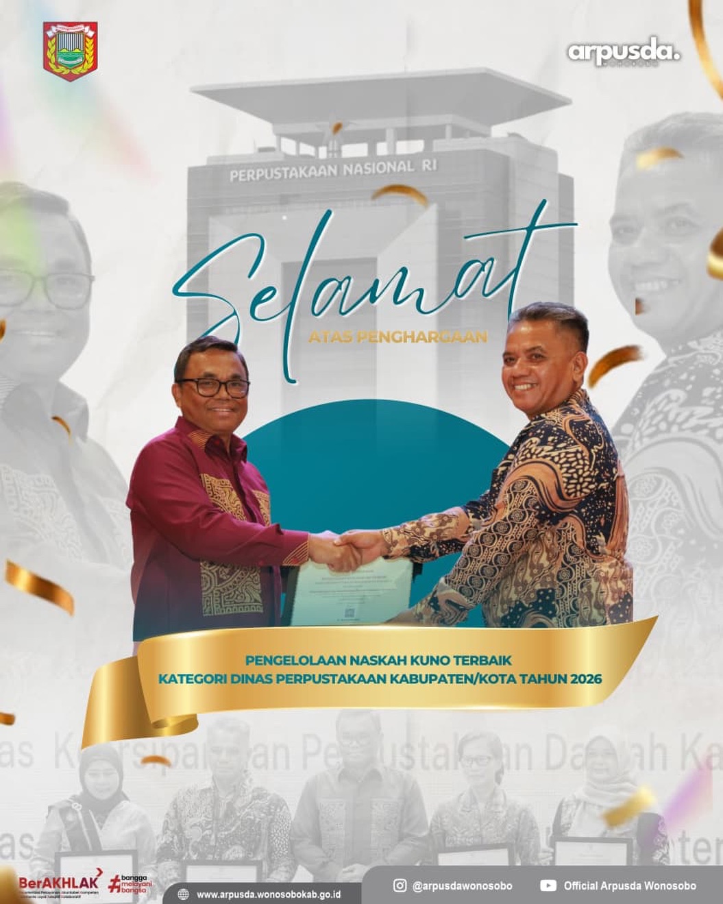 Torehkan Prestasi Nasional, Arpusda Wonosobo Raih Penghargaan Pengelolaan Naskah Kuno Terbaik dari Perpusnas RI